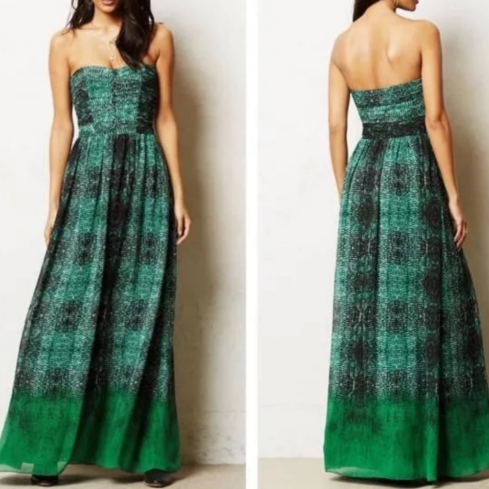 Anthropologie Moulinette Soeurs Vetements Green Printed Maxi Strapless Dress 8